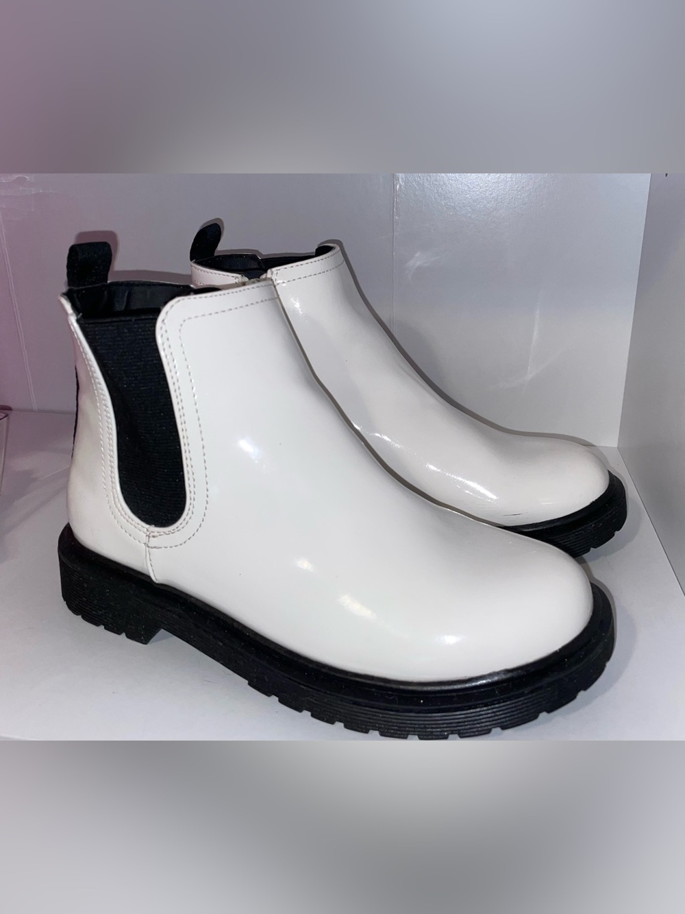 Steve Madden White Patent Chelsea Boots with Black Elastic Panels